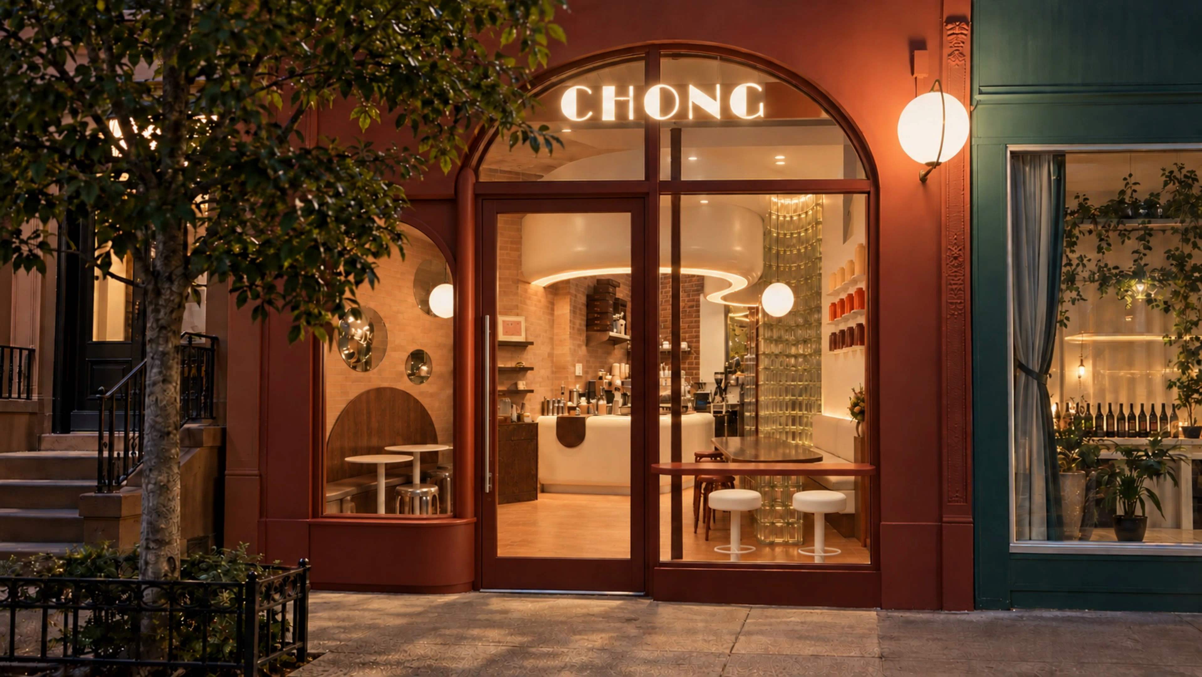 CHONG storefront at dusk: terracotta facade with an arched glass front, lit sign, and the warm tea room visible through the door.
